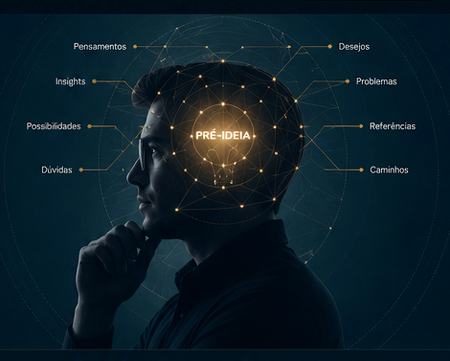 Perfil humano com conexões de pensamentos ao redor da pré-ideia